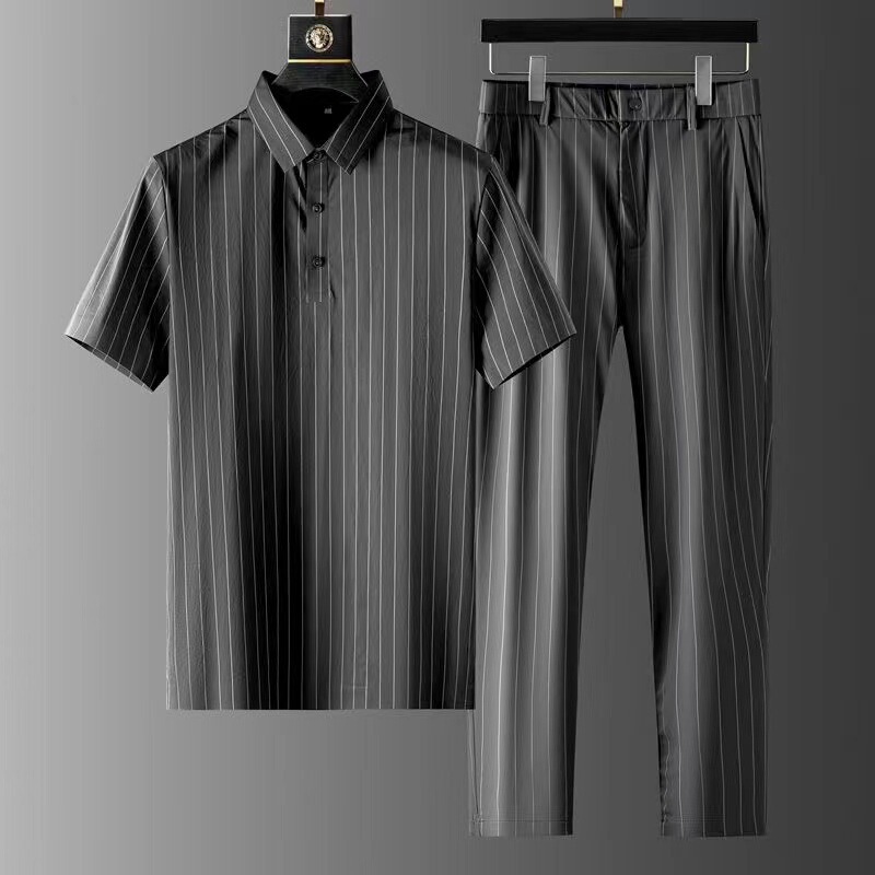 European Station Entry Luxury High-end Business Casual suit Men's Summer Ice Silk Short-sleeved Thin Striped Two-piece Set for Men