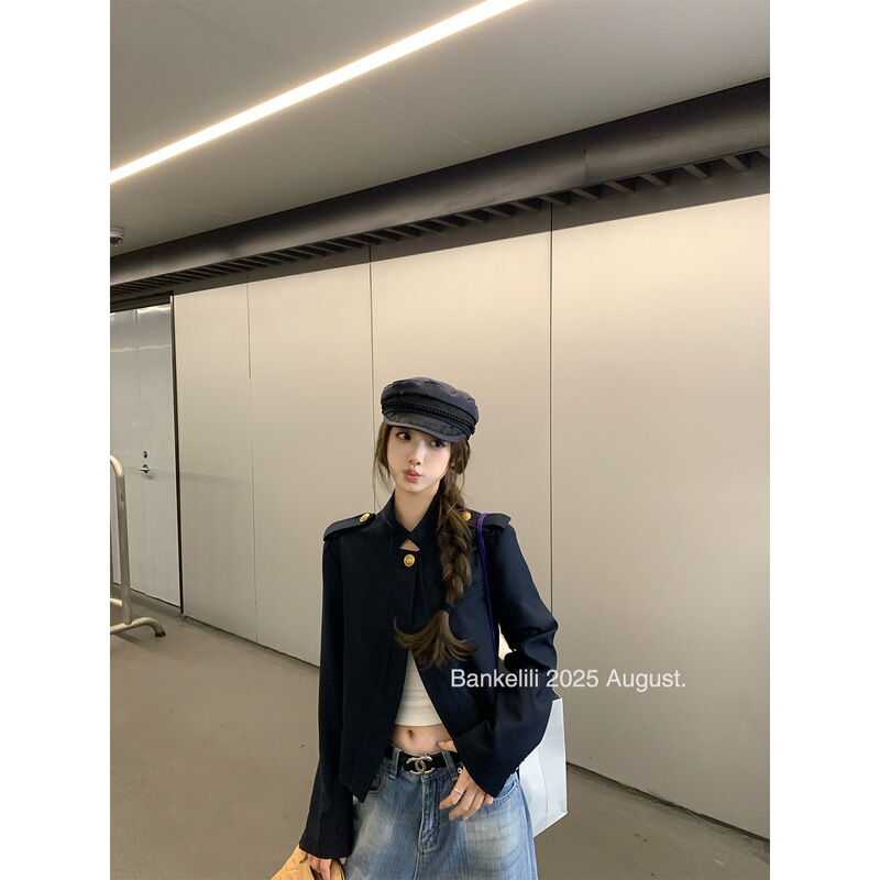 板栗可可Bankelili'睿智老钱'半开襟一粒扣老钱短款立领外套女秋|undefined