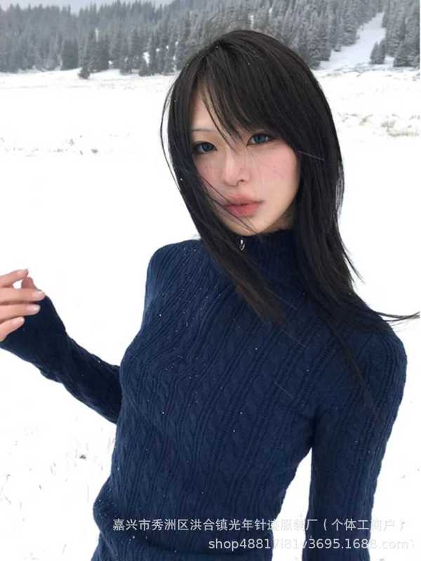 藏青色半拉链麻花毛衣女春秋冬修身显瘦设计感软糯温柔百搭针织衫|undefined