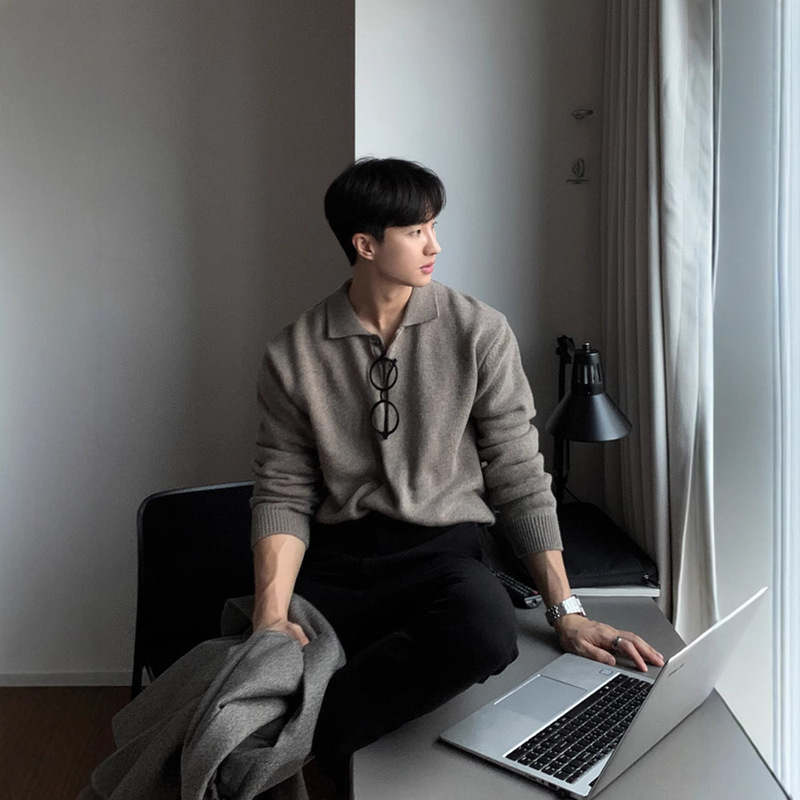 Trendy New Dongdaemun South Korea Men's Lapel Sweater Men's Designer Fashion All-match Skin-friendly Loose Knitted Sweater
