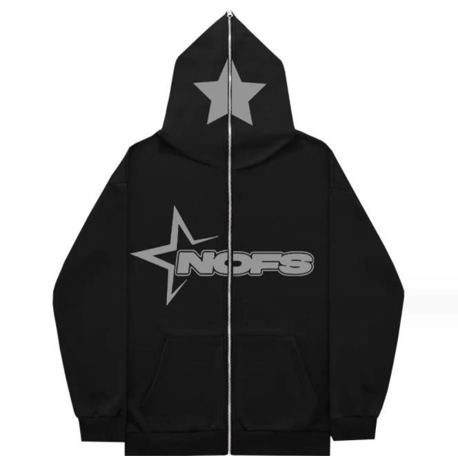 2024 herfst- en wintertrend demon print unisex rits capuchon sweatshirt jas losse top_voghion.com