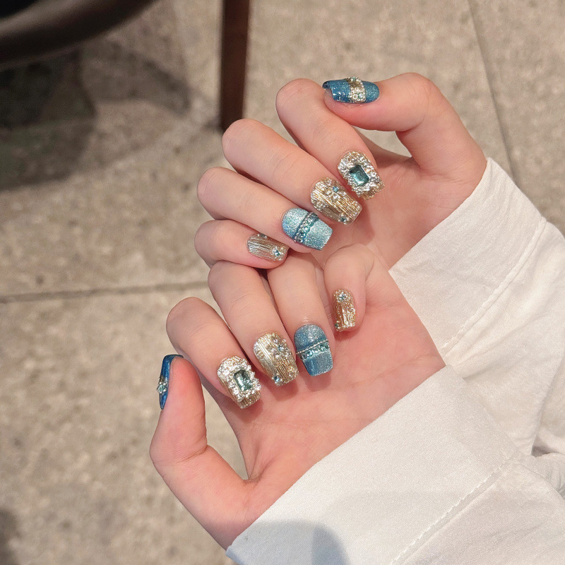 Blue Island Hand-Wearing Nail Pieces Buchelati Blue Cat's Eye Short Nail Wearable Nails