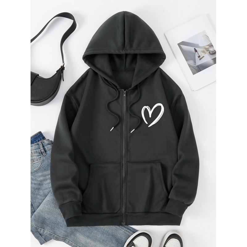 2025 Cross-Border Spot Directional Bottom Plate Normcore Heart Icon Print Women's Fashion Zipper Hoodie