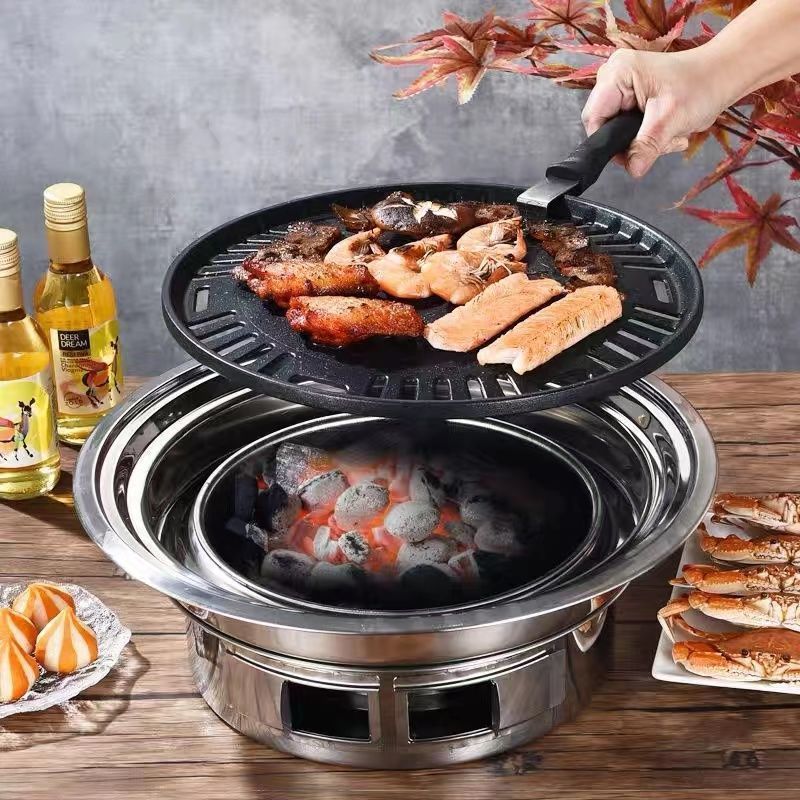 Korean Barbecue Grill Household Stainless Steel Barbecue Grill Round Charcoal Grill Charcoal Barbecue Pot Charcoal Grill Pan Household Grill