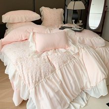 韩式公主风四件套水洗棉蕾丝雪纺花边全纯色被套床单少女轻奢床品