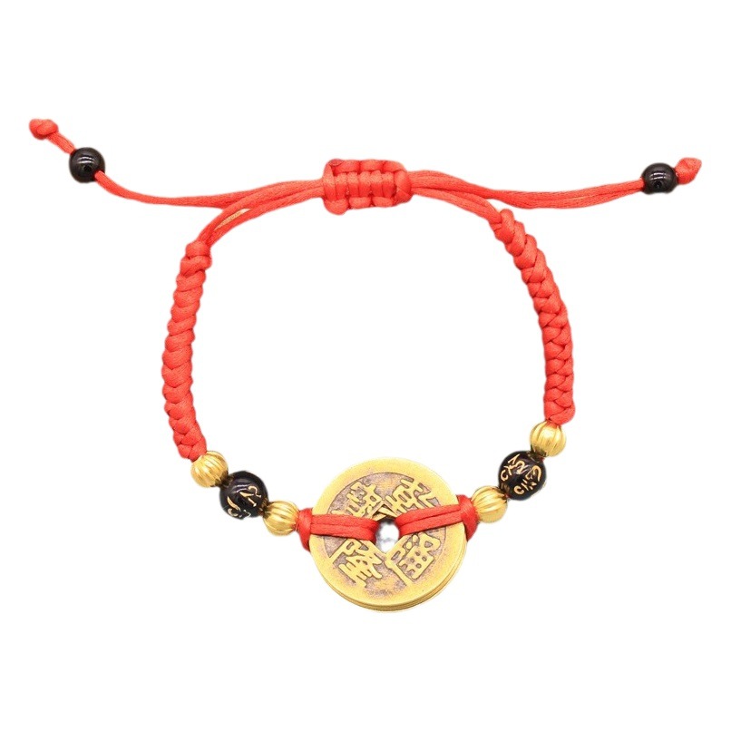 Hand-Woven Bracelet Bracelet Bracelet Real Copper Five Emperors Money One Emperors Money Six-Character Flat Knot Diamond Knot Stretchable Traditional