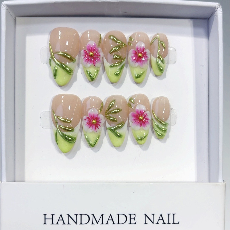 Cross-Border Hot-Selling Pure Handmade Three-Dimensional Carved Almond Nails Light Green High-End Handmade Press-On Fake Nail Patches Cross-Border Hot-Selling Pure Handmade Three-Dimensional Carved Almond Nails Light Green High-End Handmade Press-On Fake Nail Patches