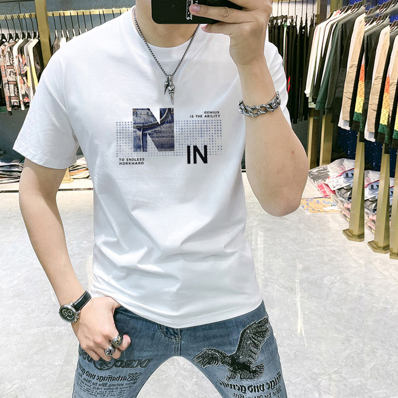 Herren T-Shirt, kurzarm, reine Baumwolle, neue koreanische Version, trendig, vielseitig, schmale Passform, bedruckt im westlichen Stil, halb_voghion.com