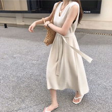 韓國冰絲v領針織無袖連衣裙 夏收腰系帶顯瘦前短后長氣質背心長裙