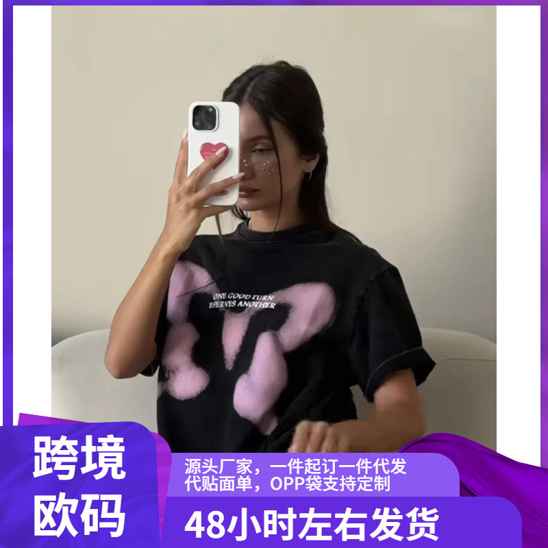 Washed Cotton T-Shirt Ladies Retro Cotton T-Shirt Street Hip-Hop Clothing Soft Mineral Casual T-Shirt Girl Loose Powder Washed Cotton T-Shirt Ladies Retro Cotton T-Shirt Street Hip-Hop Clothing Soft Mineral Casual T-Shirt Girl Loose Powder