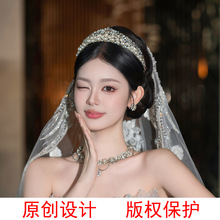 韩式2026新款精致简约水晶珍珠新娘结婚皇冠头饰王冠头冠发饰配