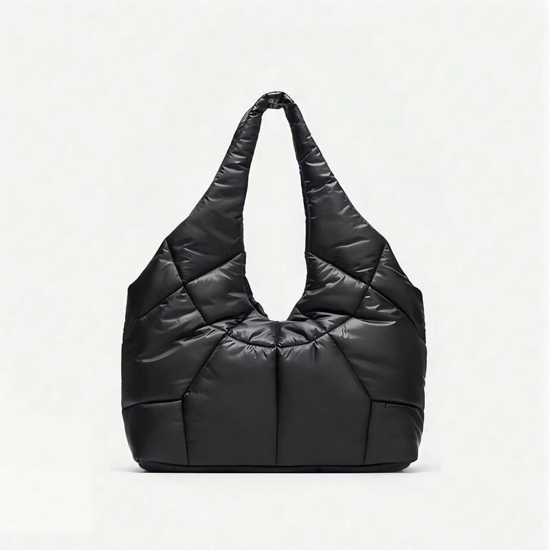 Autumn and winter large-capacity black quilted down tote bag, soft and puffy, filled with cotton, suitable for commuting, underarm shoulder bag for women, in stock