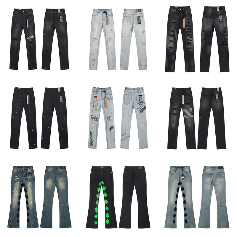 Ksubi Slim-Fit Skinny Jeans with Splash-Ink Print, High Street Retro Ripped Casual Unisex Flared Stretch Jeans