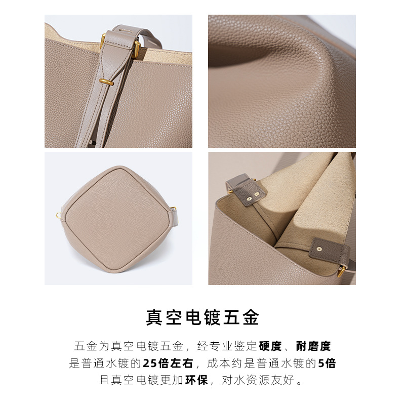 Ins Niche Design Luxury Genuine Leather Women's Shoulder Bag, Light Luxury Commuter Cowhide Large Capacity Crossbody Bucket Bag - Thumbnail 4