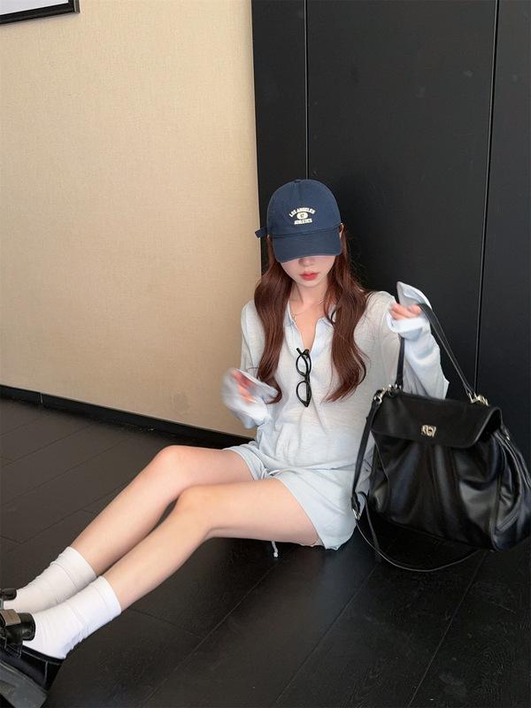 慵懒风宽松纯色翻领长袖T恤女早秋显瘦套装休闲裤阔腿短裤两件套|undefined