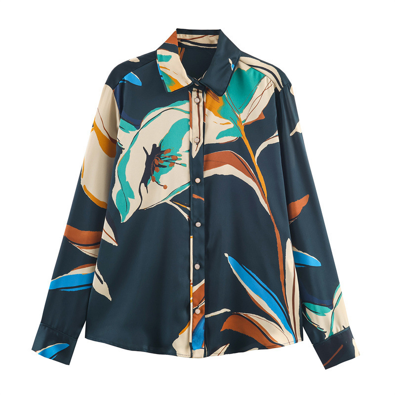 Foreign Trade 2025 Autum New European and American Style Women's Fashion Casual Loose Printed Long-Sleeved Draped Shirt 9115245