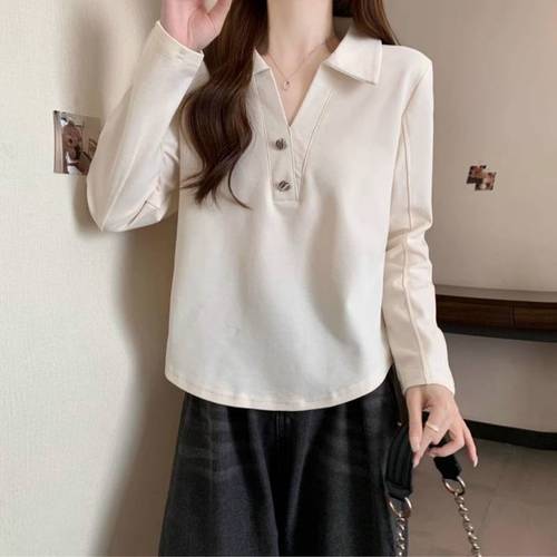 2025 New Design Polo Long-Sleeve T-Shirt for Women - Summer Slim Fit Top, Square Shoulder, Casual V-Neck T-Shirt, Outerwear Trendy