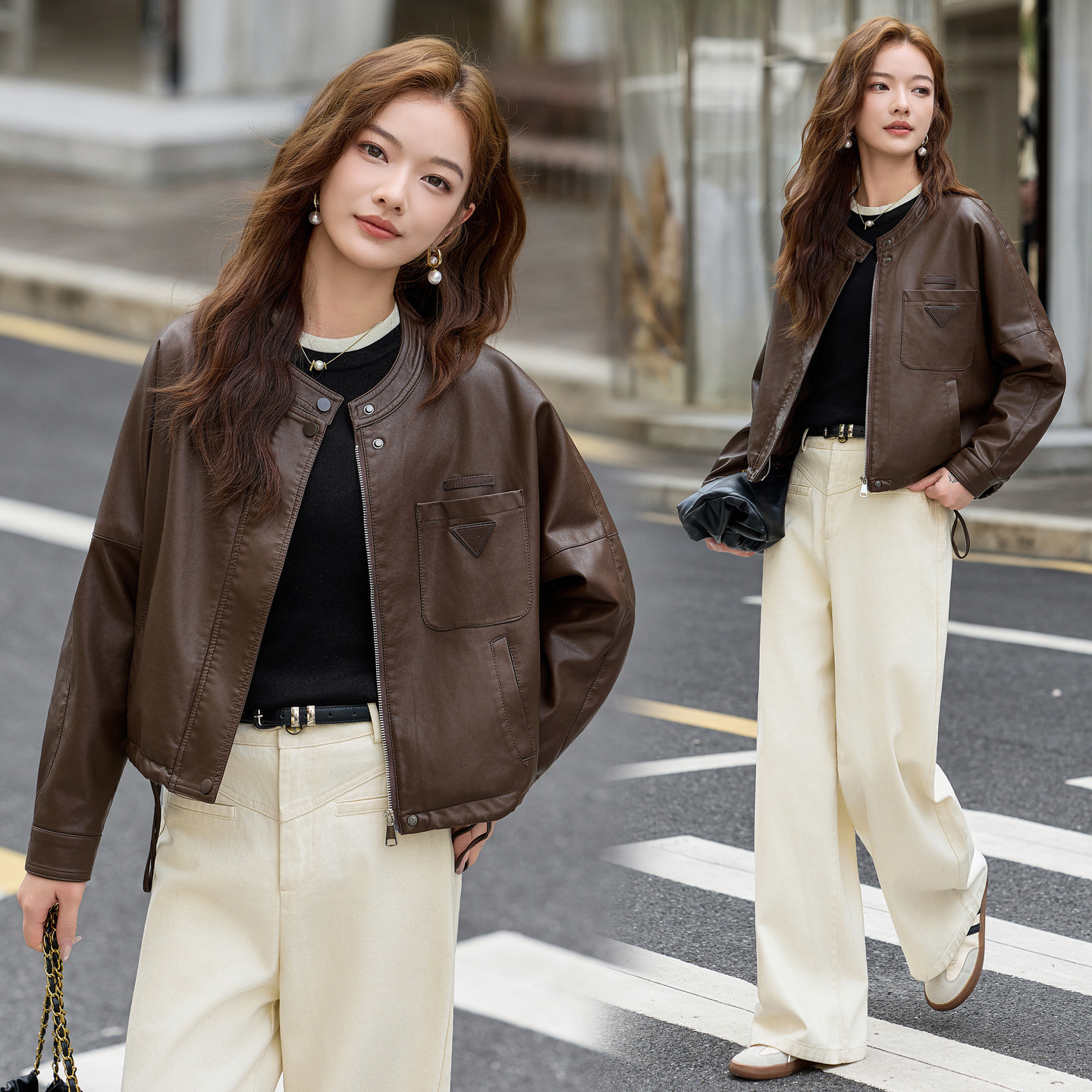 Genuine Brand Versatile Leather Jacket for Women, New Style Sheepskin Loose Leather Jacket with a High-End Feel, Stand Collar, Elegant Short Style, Age-Reducing Coat
