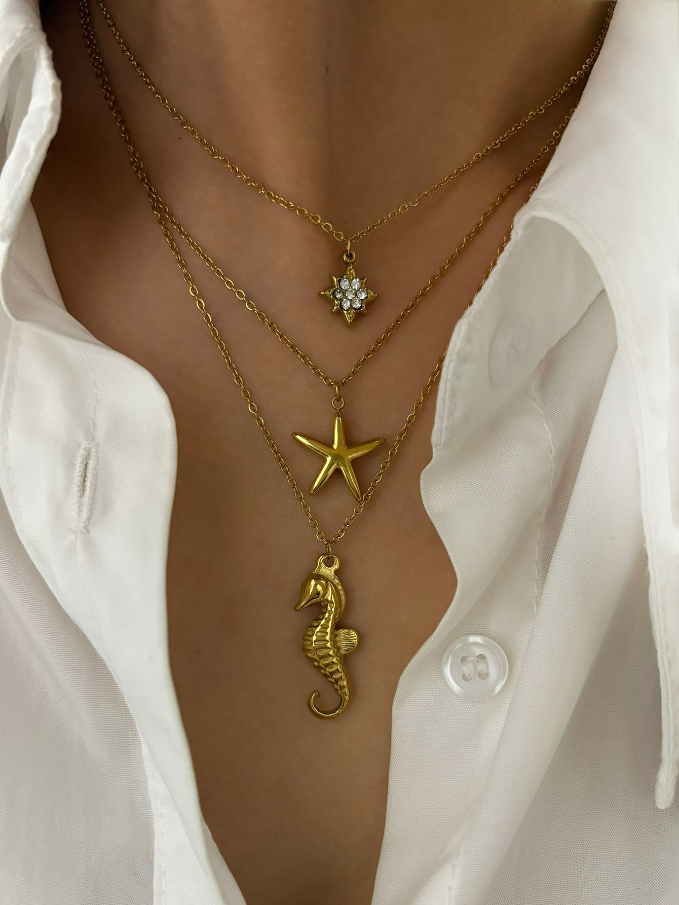 18K Gold Plated Plating Material 18K Gold Plated 316L Stainless Steel Rhinestones Starfish Hippocampus Waterproof Non Tarnish Surgical Steel IG Style Cable Chain Pendant Necklace For Women's