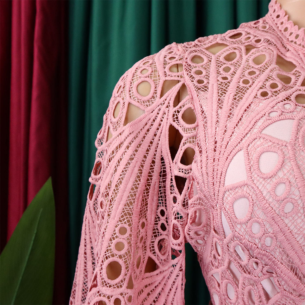 Women's Lace Hook Dress Hollow Pleated Stitching New Clothing_ecoleips.com
