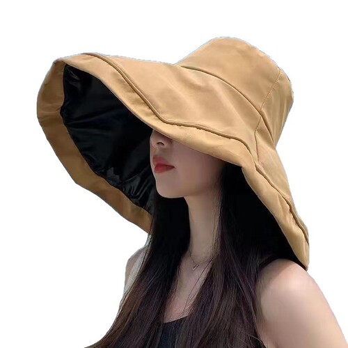 Extra-large brim sun hat for seaside, UV protection UPF50+, foldable black rubber fisherman hat for women