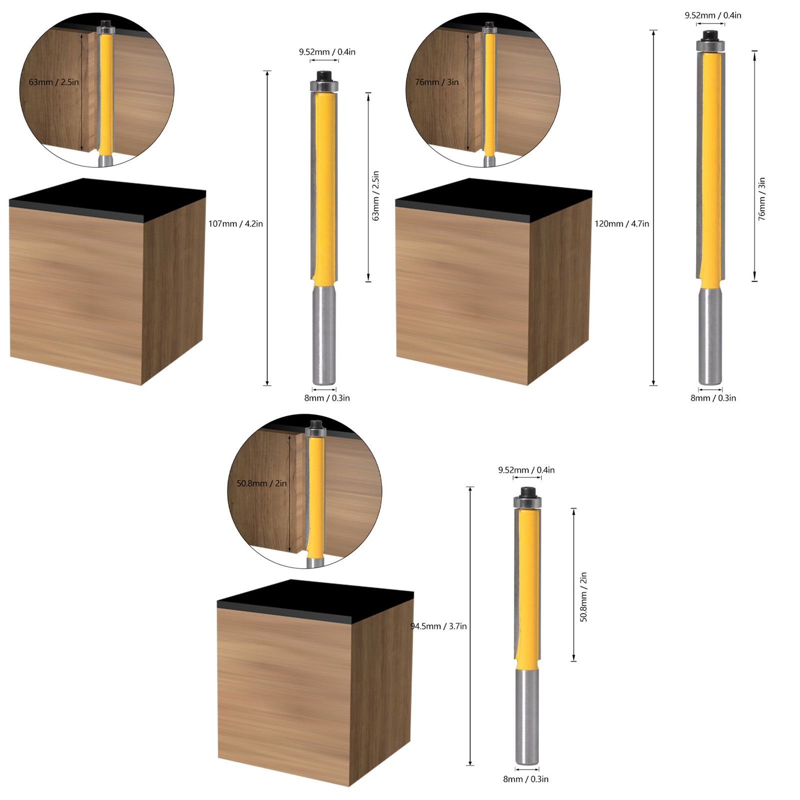 3PC 8MM柄出口加长修边刀8*12.7*  50.8 63.5 76.2黄色雕刻机铣刀