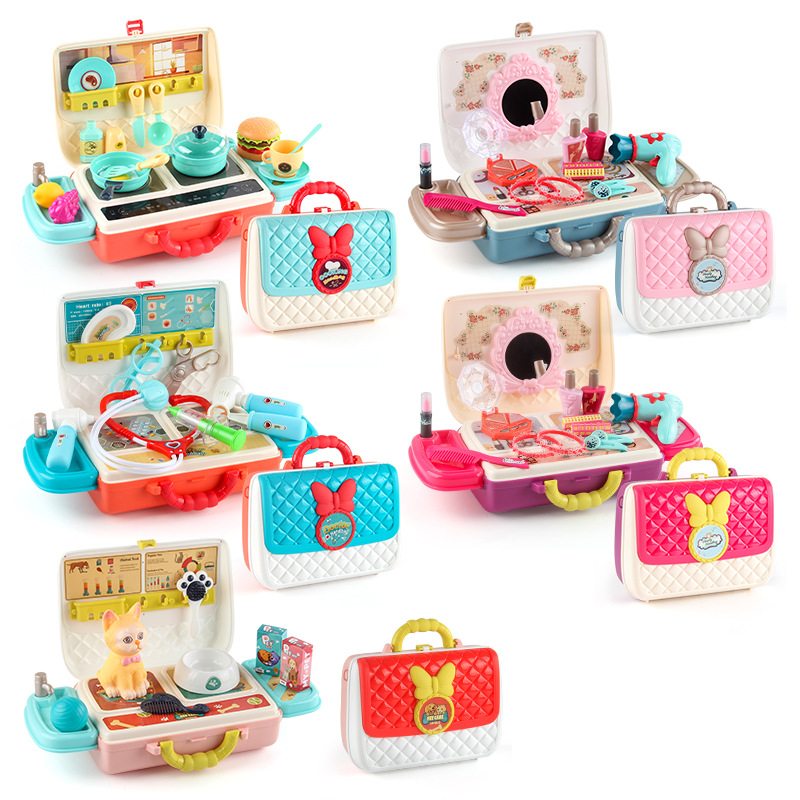 Los nuevos niños transfronterizos juegan a las casitas simulación cocina vajilla tocador herramienta médico viaje mochila traje de juguete
