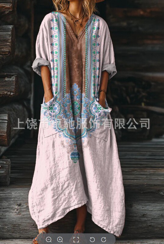 2025新款独立站女式复古花卉艺术图案印花口袋V领口袋连衣裙|undefined