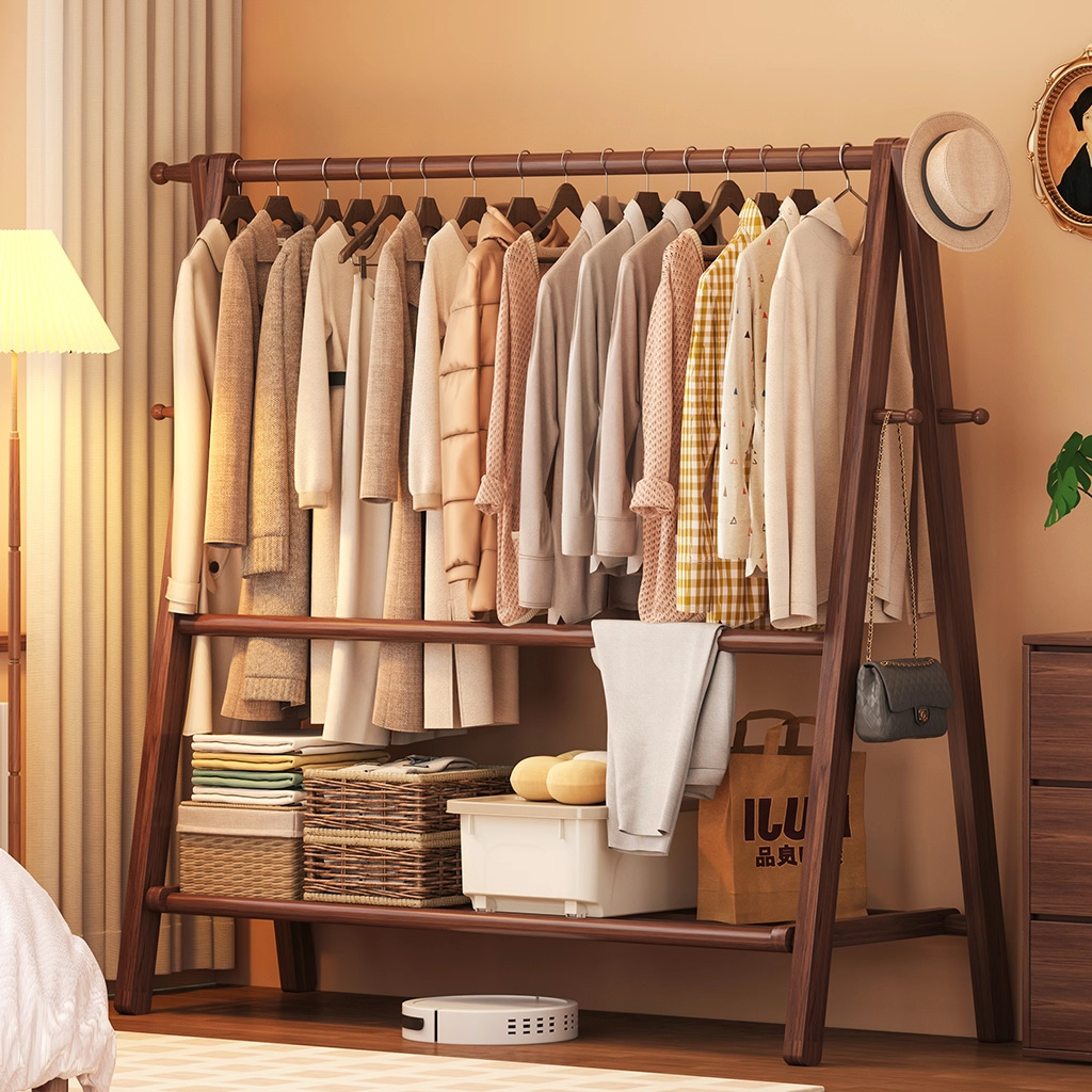 Solid Wood Coat Rack Floor-Standing Clothes Rack Bedroom Clothes Rack Household Wooden Clothes Rack Indoor Simple Clothes Drying Rack