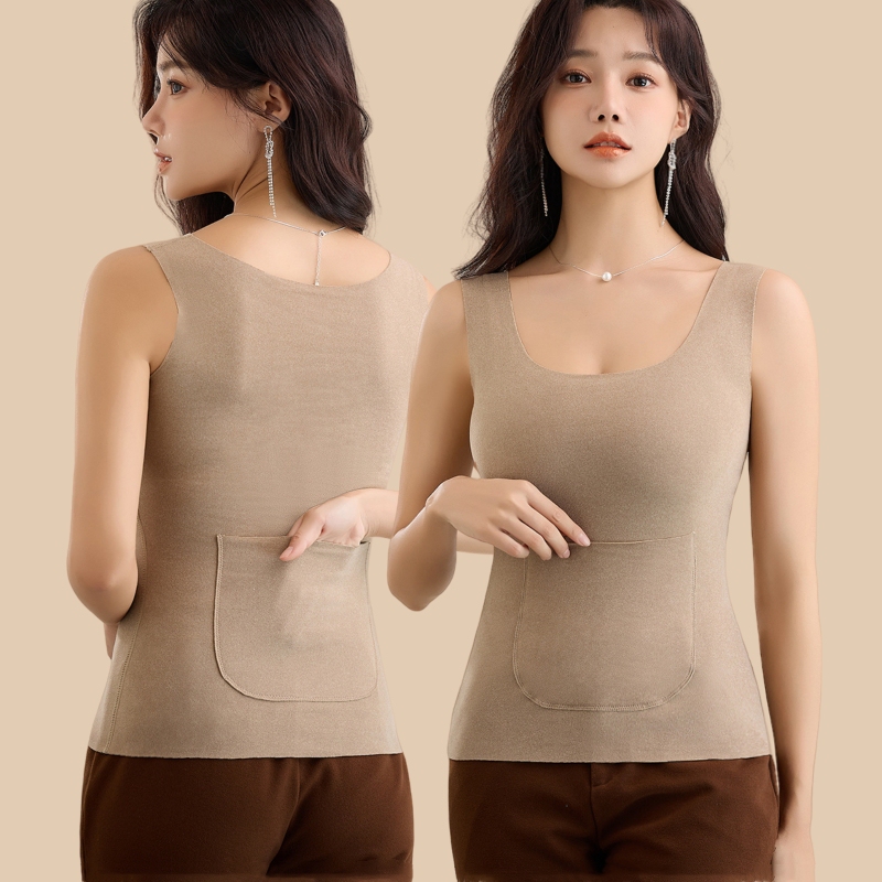 Slim Fit Fleece-Lined Thickened Plus-Size Autumn and Winter Base Layer Shirt with Pockets, Seamless Double-Pocket Thermal Vest for Women