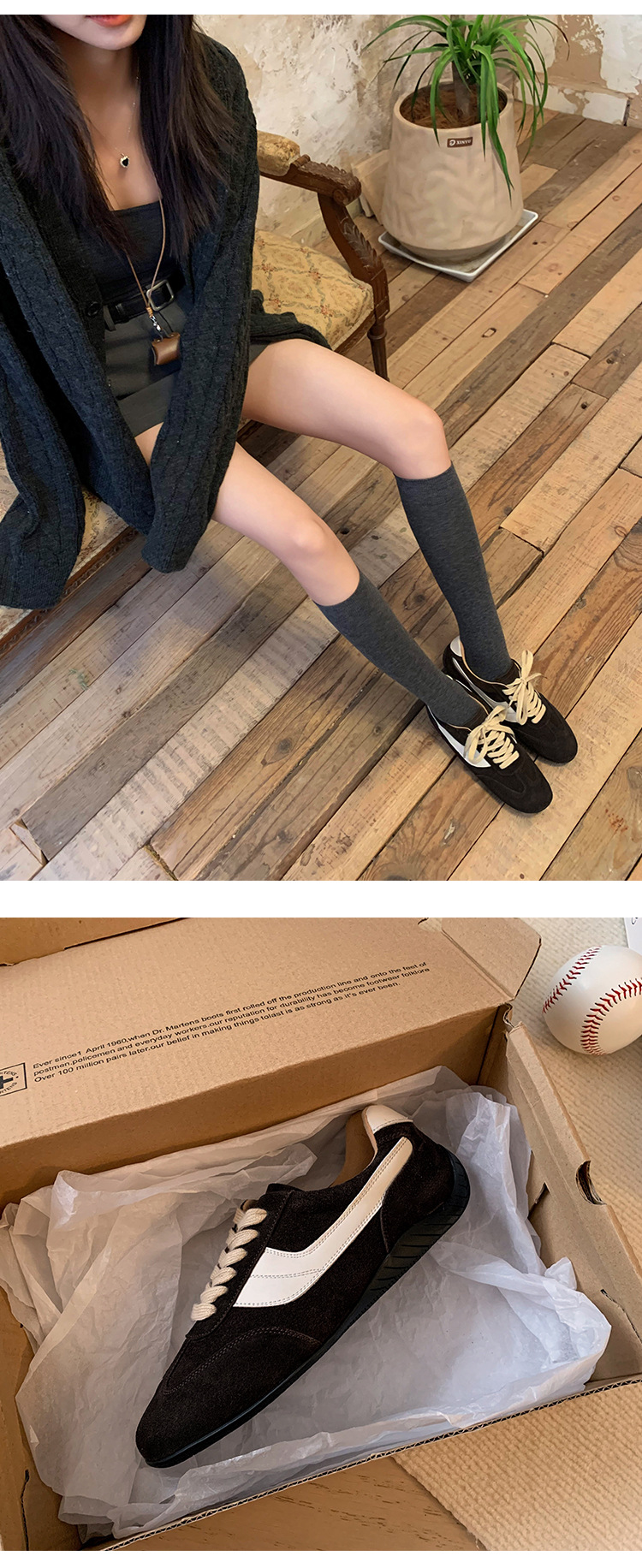 Giày sneaker nữ đế bệt mũi tròn dây buộc da thật phối màu phong cách Đức — Màu nâu chi tiết 15