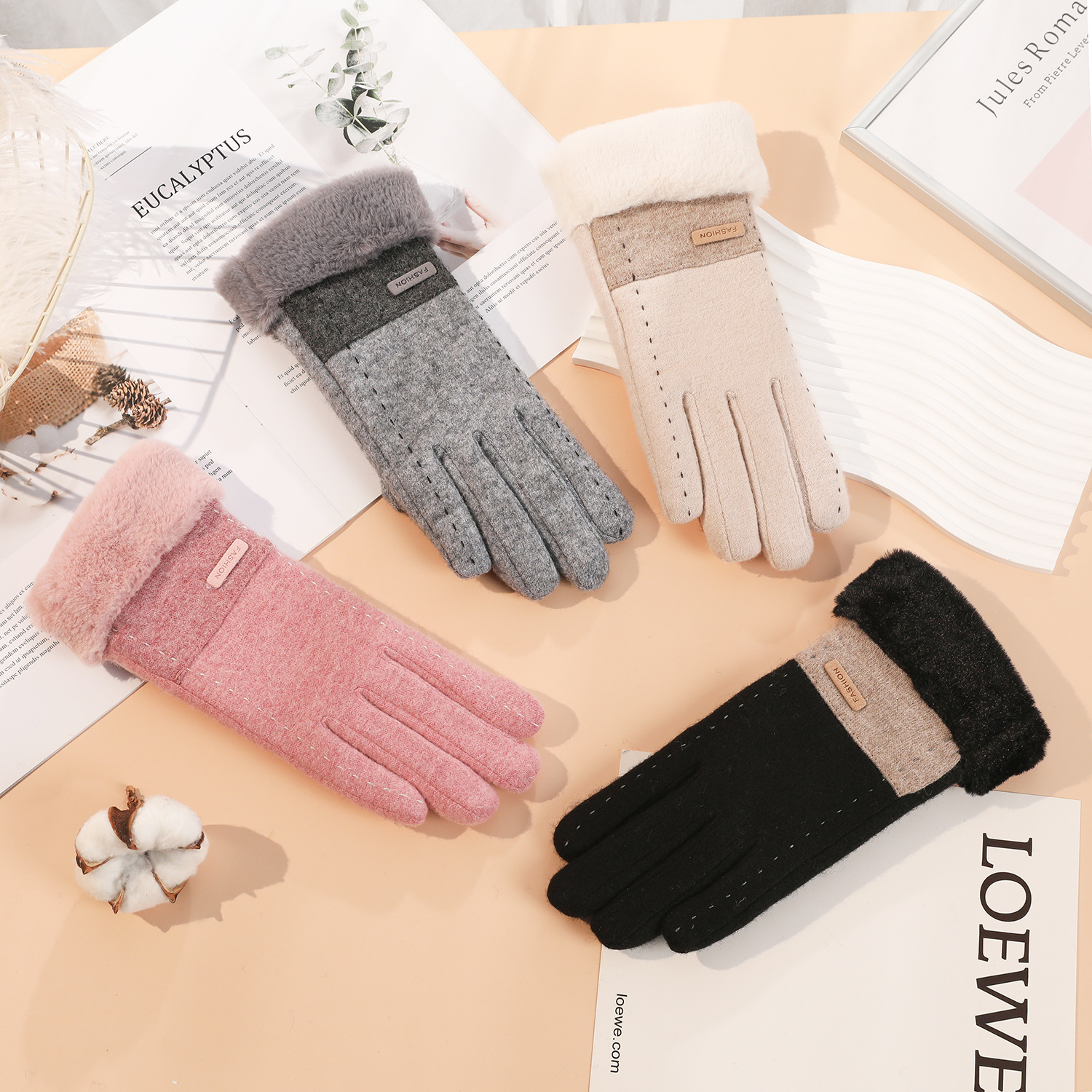 Guantes térmicos de lana de las mujeres de estilo coreano conducción a prueba de frío forro de lana engrosada al aire libre a prueba de viento ciclismo guantes de pantalla táctil de invierno