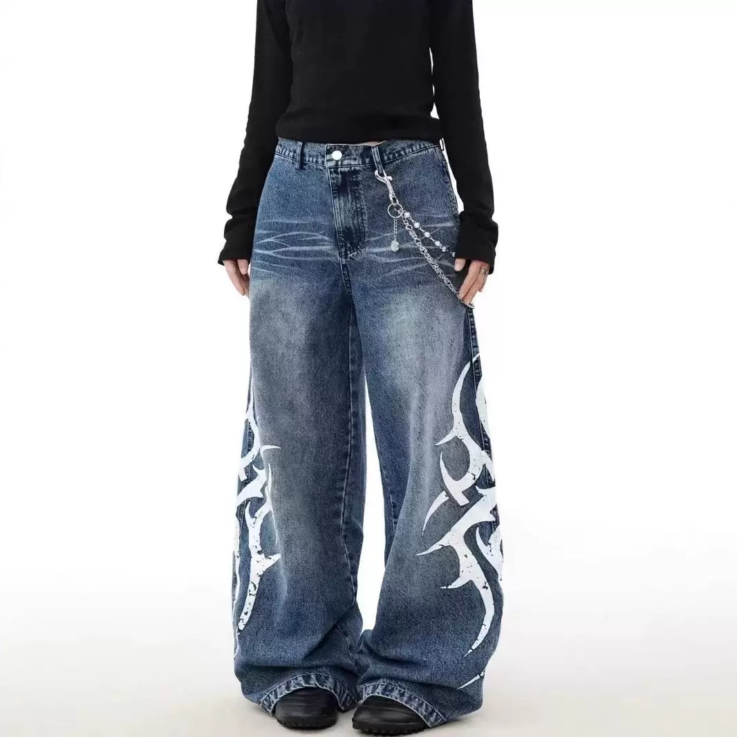 欧美复古印花牛仔裤男直筒宽松拖地阔腿裤春季ins潮牌高街长裤子