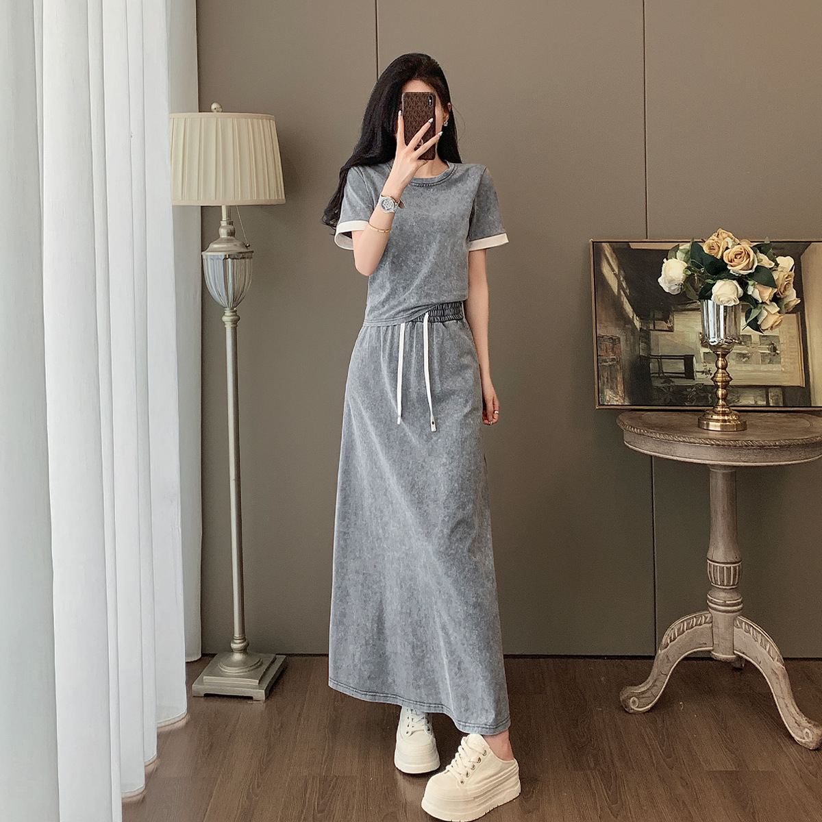 European Casual Fashion Suit Skirt Summer Slimming and Age-Reducing Short-Sleeved Korean Style Women's Sports Style Skirt Two-Piece Set