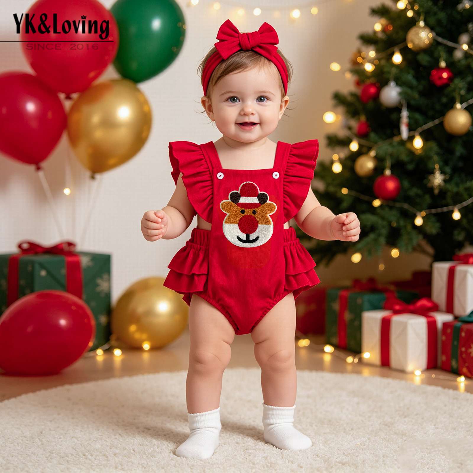 2026 New Christmas Baby Outfit Reindeer Romper with Hair Accessory 2-Piece Set for Infant Christmas Party
