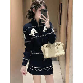 轻熟风卡通图案高级感提花针织开衫半身裙女装秋冬撞色拉链两件套