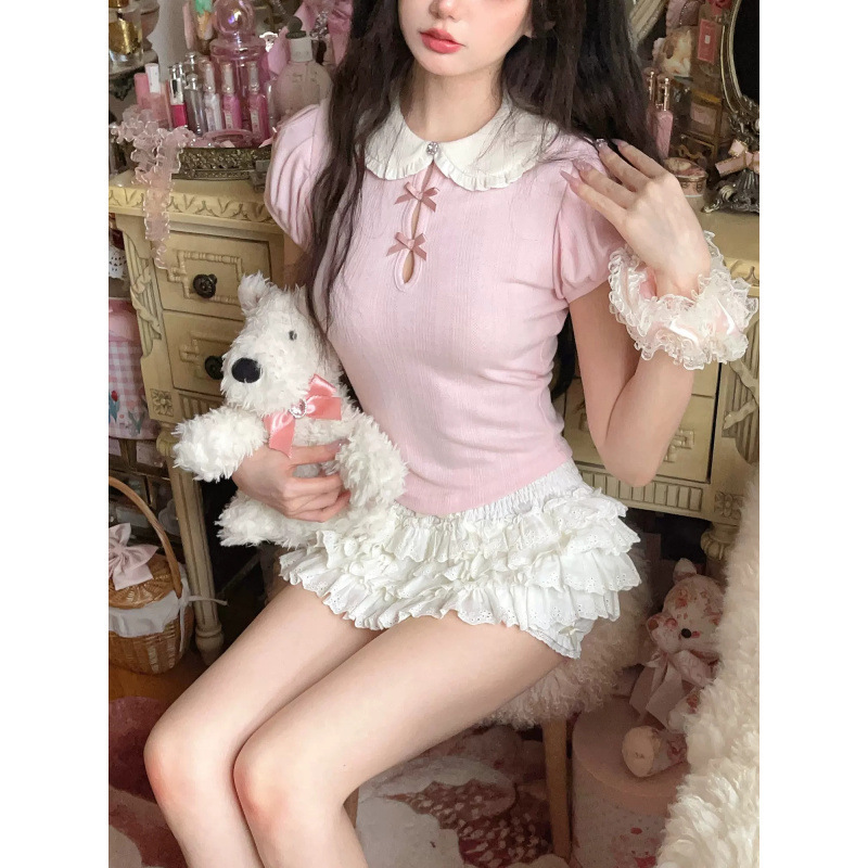 Fashionable Sweet Girl Cute Cream Girl French Doll Collar Sweet Slim Knitted Short Sleeve T-Shirt Thin Knitted Sweater