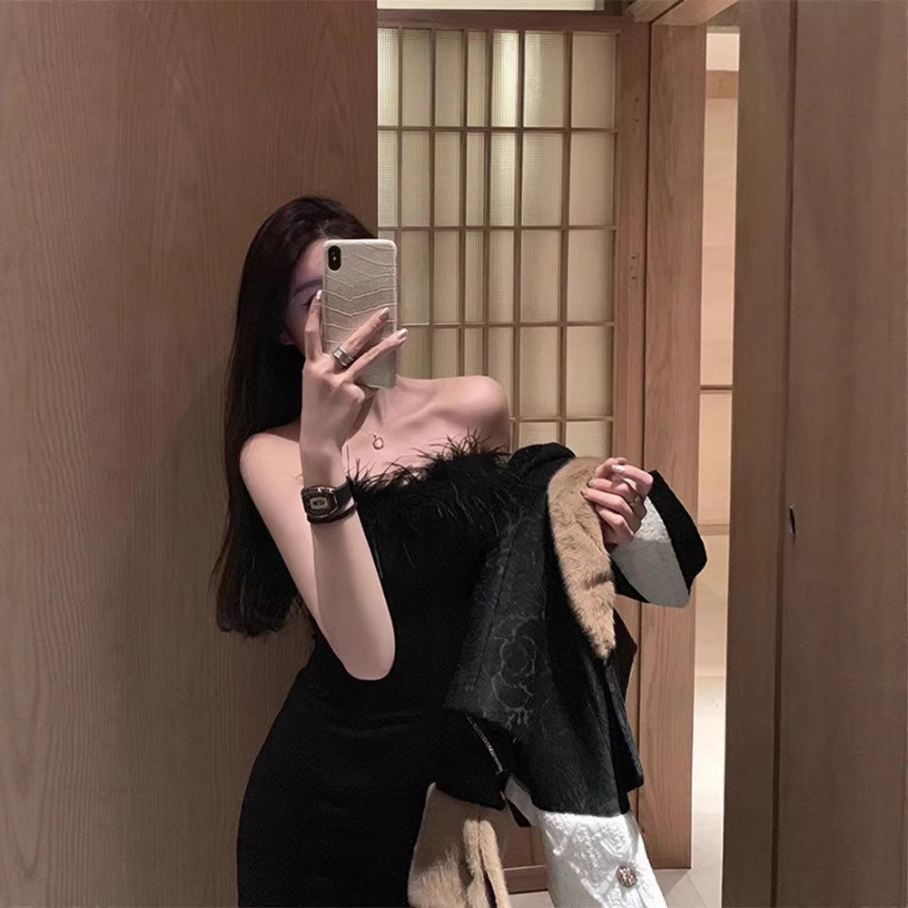 Design Sense dress Summer and Autumn Black Strapless off-shoulder Evening Dress Birthday Party Dress High Sense