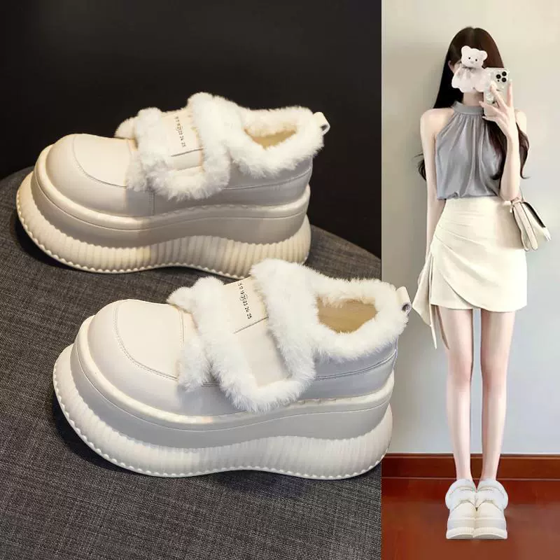 Поднятые снежные сапоги женские туфли 2024 новая взрывная внешняя одежда теплая, бархатная и утолщая подошва повседневная шерстяная хлопчатобумажная обувь