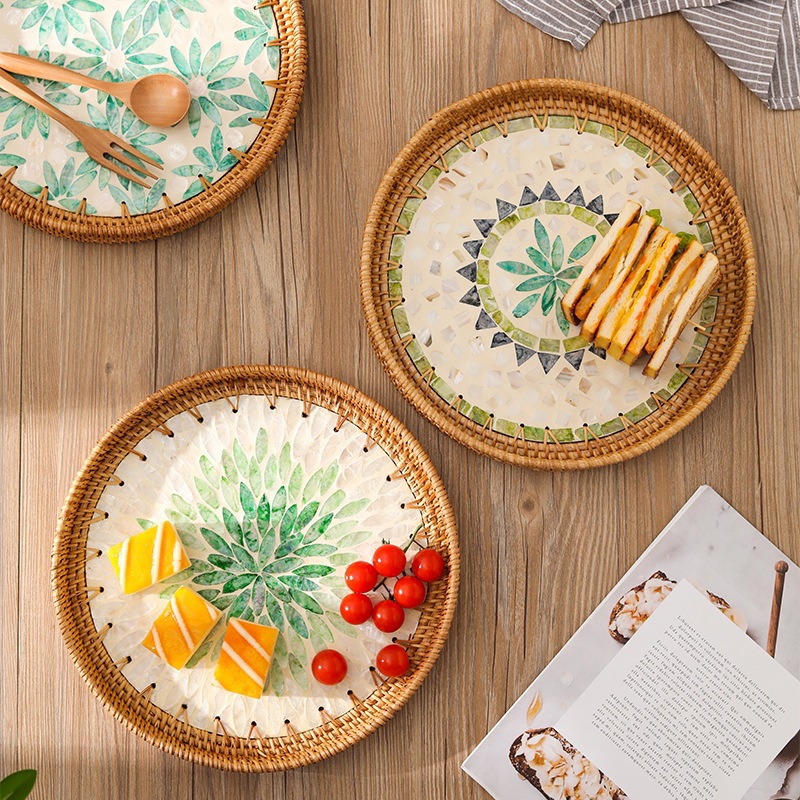Bandeja de conchas de color tejido de ratán, plato de frutas, sala de estar creativa para el hogar, mesa de centro, marco de almacenamiento, plato de frutas, pan, plato de dim sum, frutas y verduras