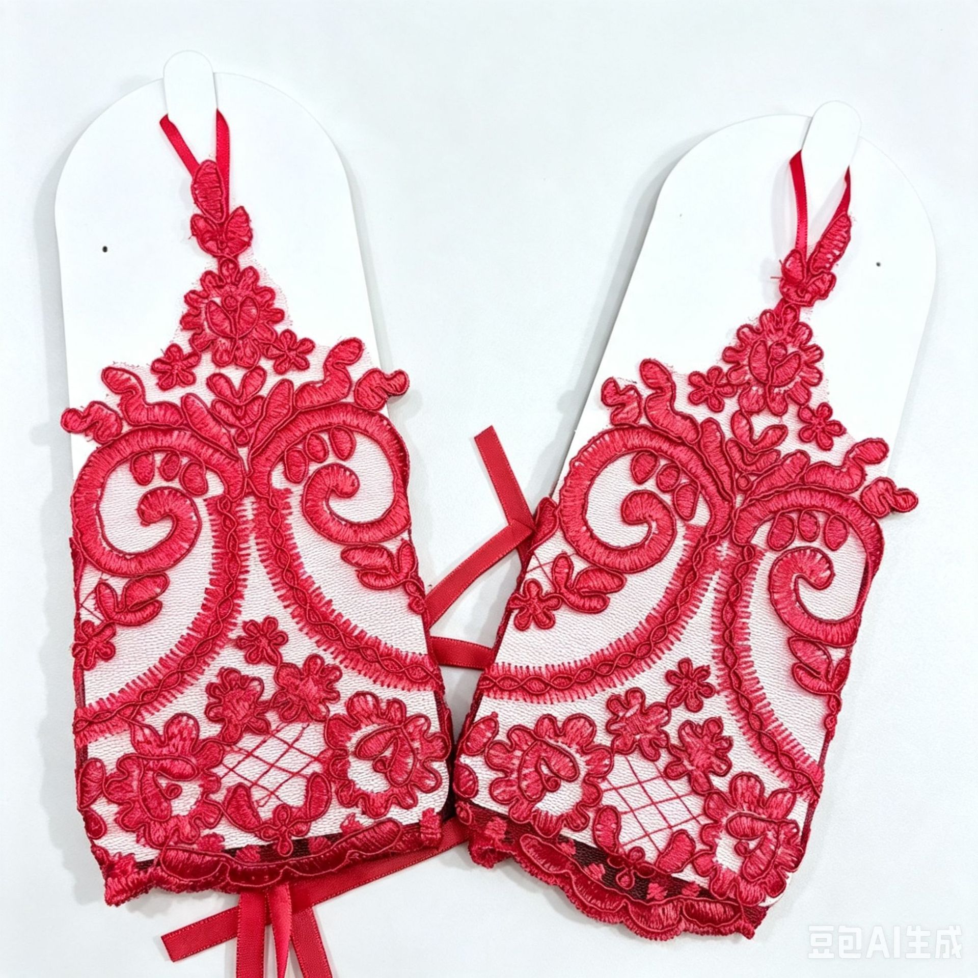 Short Floral Fingerless Gloves for Women, Bridal & Party Costume Accessory, Red — detail image 5