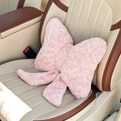 Blue Rain New Product Car Waist support - rabbit-fur-frosted-bow-ribbon-waistrest-pink