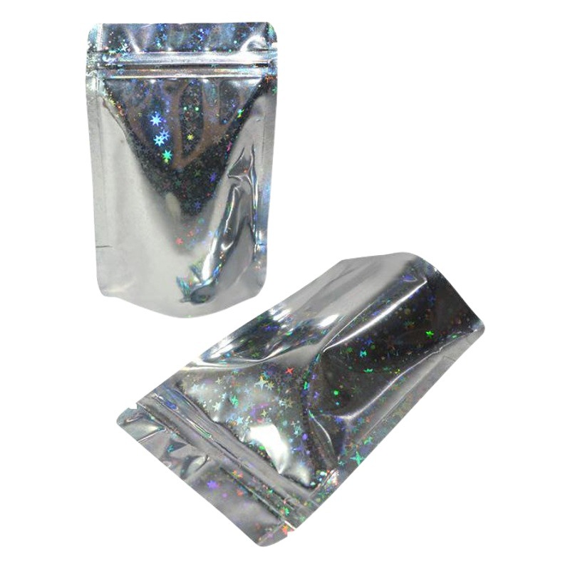 Bolsa autosellable plateada de aluminio estrella de doble cara flash bolsa autoportante colgante joyería bolsa de alimentos ciegos bolsa autosellante 100 piezas Precio
