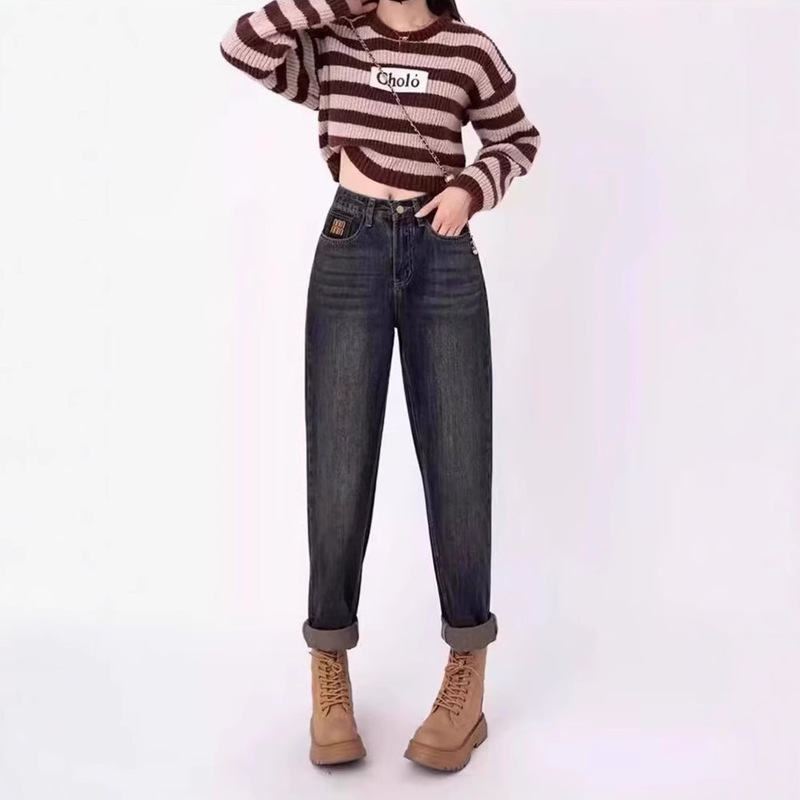 plus size Straight Jeans Women's Autumn and Winter New Arrival fleece-lined All-Match High Waist Harem Pants Slimming Radish Daddy Martin Pants