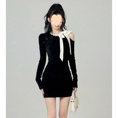 辣妹蝴蝶結長袖連衣裙女甜辣妹短裙氣質顯瘦修身露肩包臀小黑裙