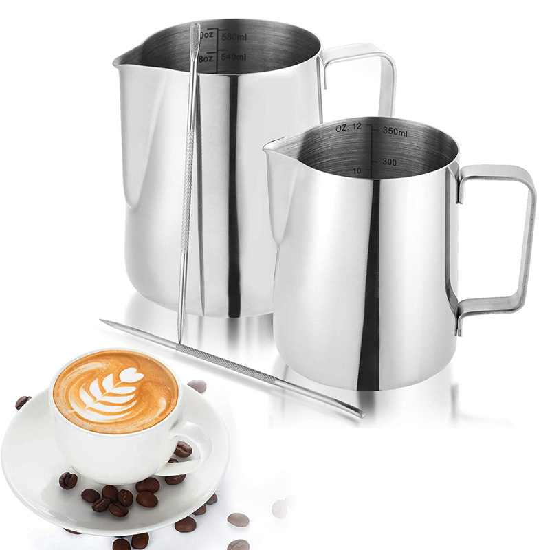 304 Stainless Steel Latte Cup with Scale Patterned Milk Cup Frothing Cup Spout Latte Jug Milk Frother Coffee Utensils 