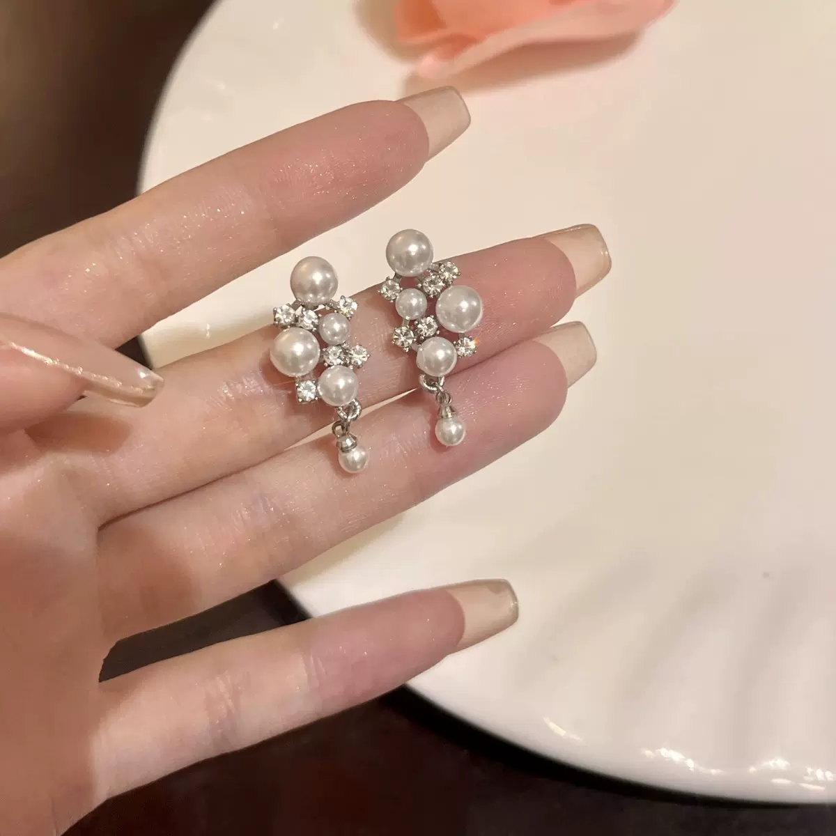 纯银S925法式复古珍珠耳钉流苏葡萄式吊坠气质大方小众高级感耳饰