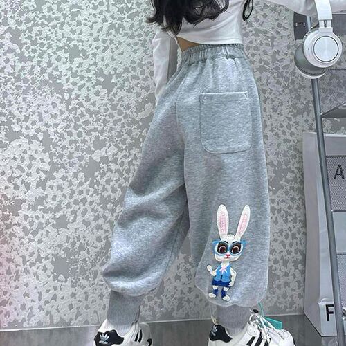 Children's new embroidered rabbit harlon pants for middle school students, casual winter wear, padded and versatile sports pants