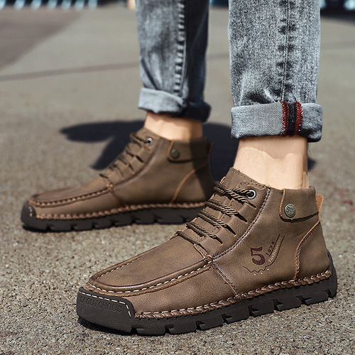 Men's Casual Shoes Korean Style High-Top Leather Boots Trendy Large Men's Boots Breathable Driving Shoes Fashion