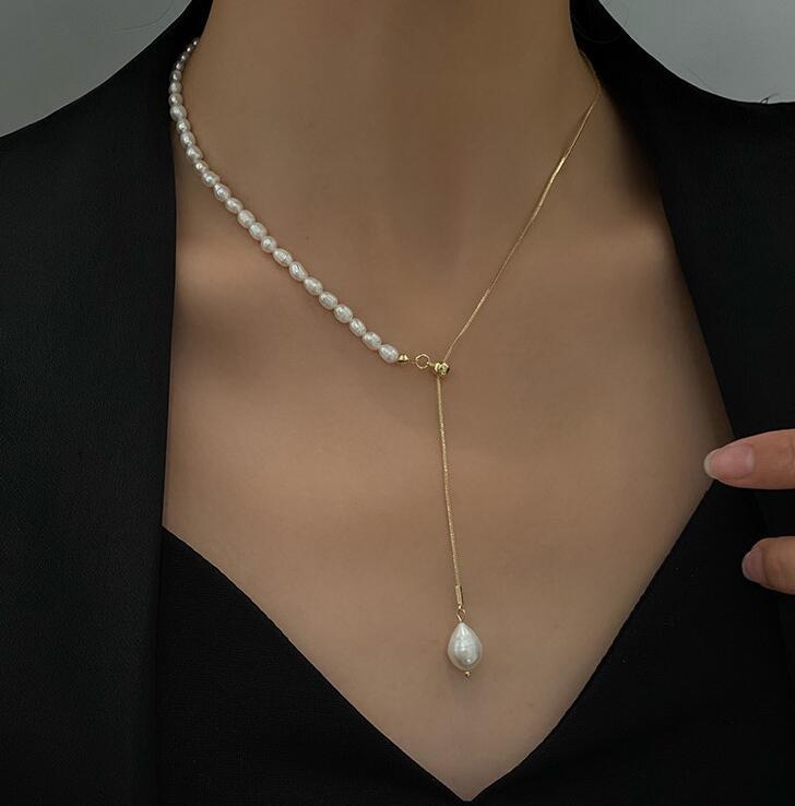 Minimalist Freshwater Pearl Stretch Titanium Steel Necklace Simple Necklace New Clavicle Chain display picture 1